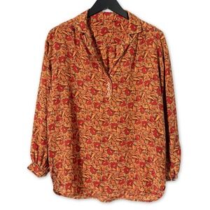 Paisley Blouse Womens Large Red Gold Boho Floral Peasant Tunic Top Fall Colors